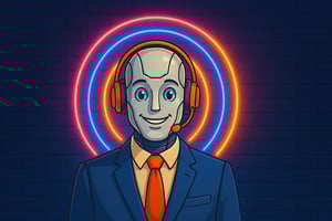AI Agent in business suit with headset, smiling against neon rings background—visual branding for Expera Consulting.