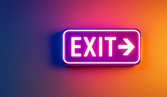 Illuminated 'EXIT' sign on a blank wall, symbolizing the decision to leave or stay and embrace new opportunities in the context of AI adoption and leadership.