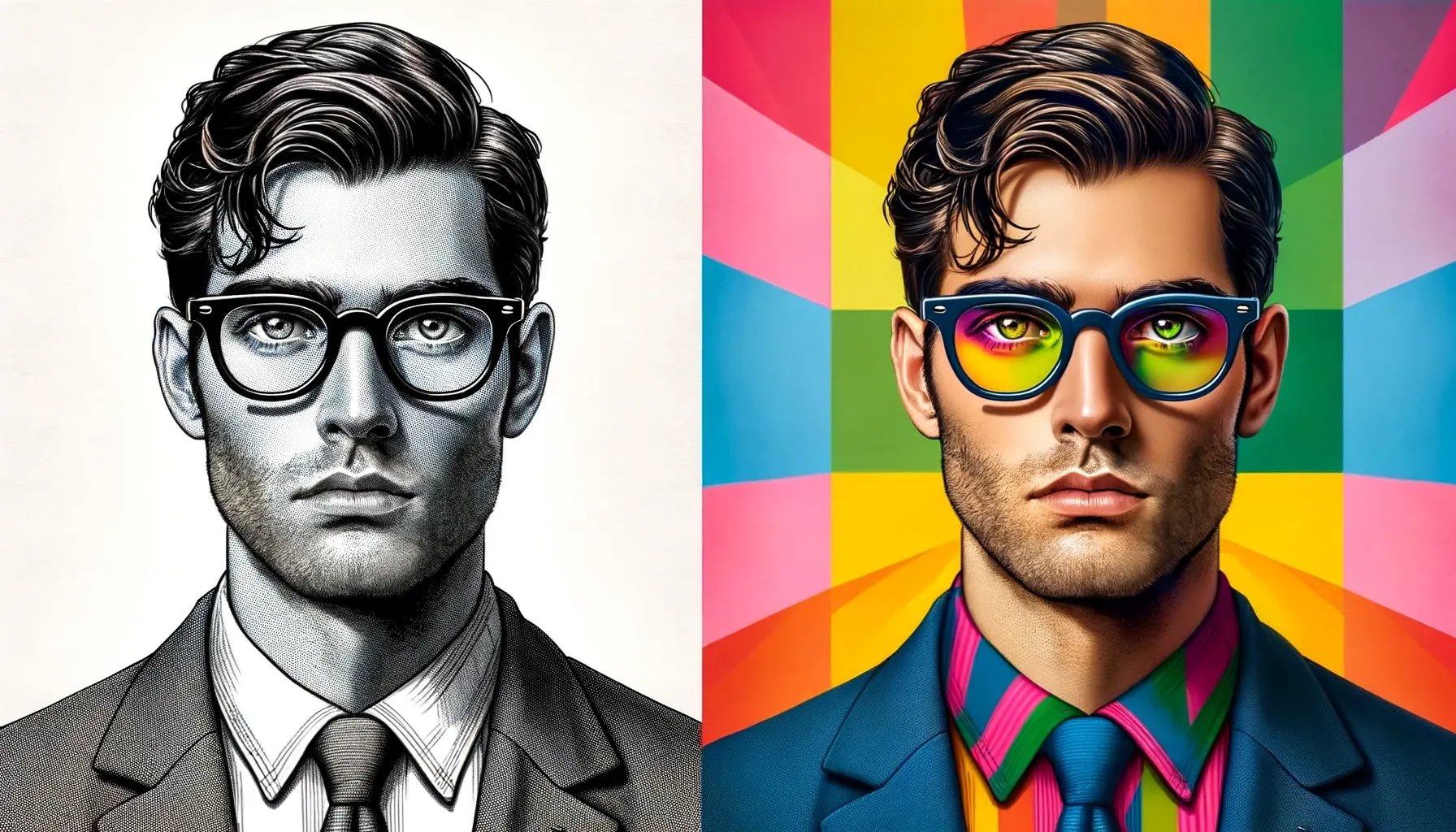 DALL·E 2024-02-25 14.40.35 - Create two images side by side. On the left, an image of a 30-year-old man wearing heavy black-rimmed professor eyeglasses, against a stark white back