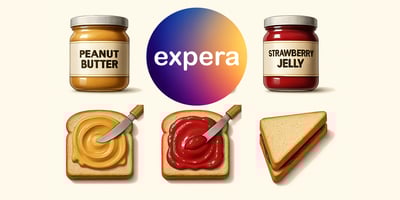 Six-panel illustrative flat lay showing steps to make a peanut butter and jelly sandwich and the Expera Consulting logo
