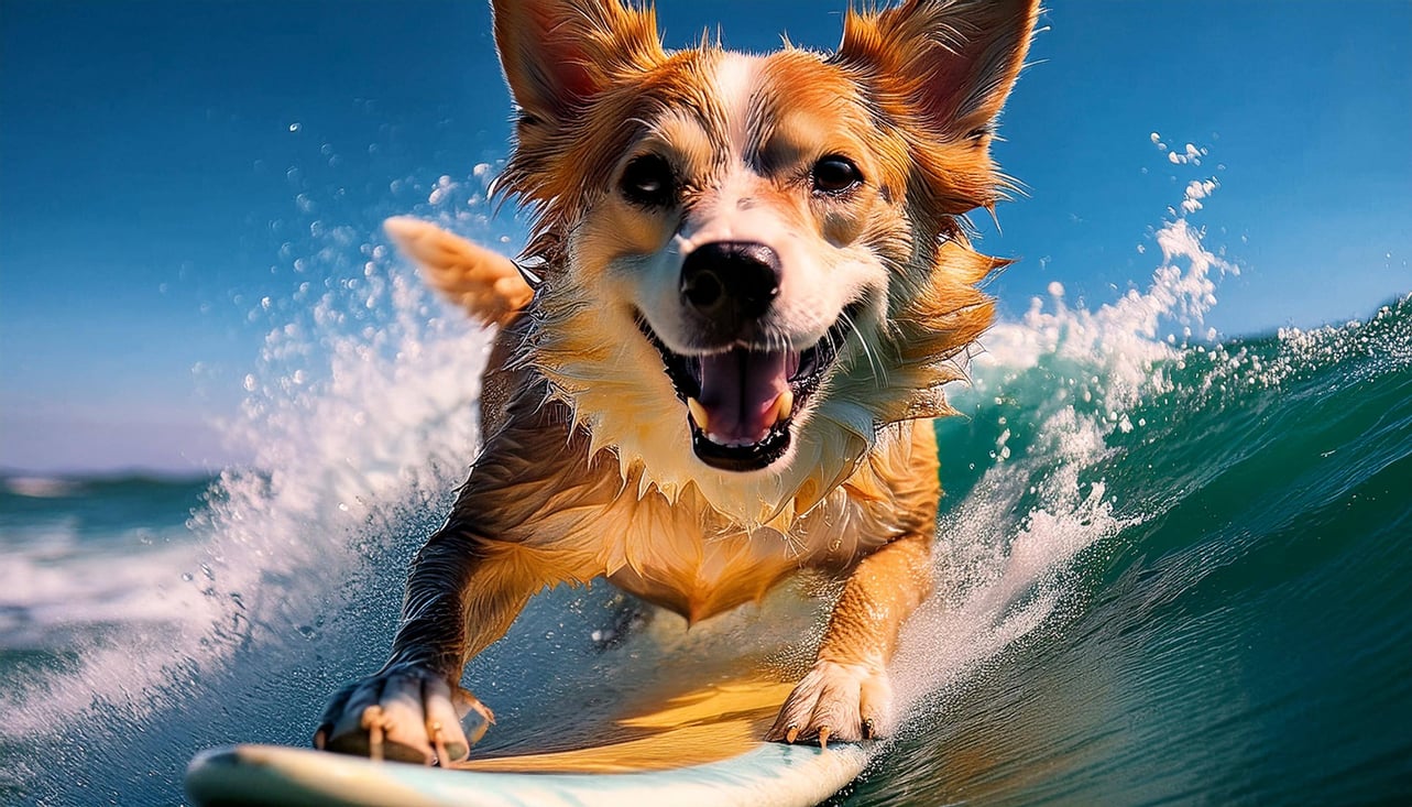 Firefly Realistic surfing dog, facing the camera, created in vibrant gradient colors in the ocean wa (1)