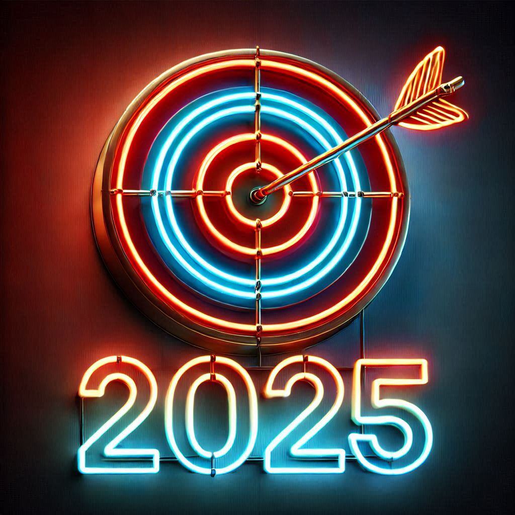 Neon sign of a bullseye with an arrow in the center and the numerals 2025