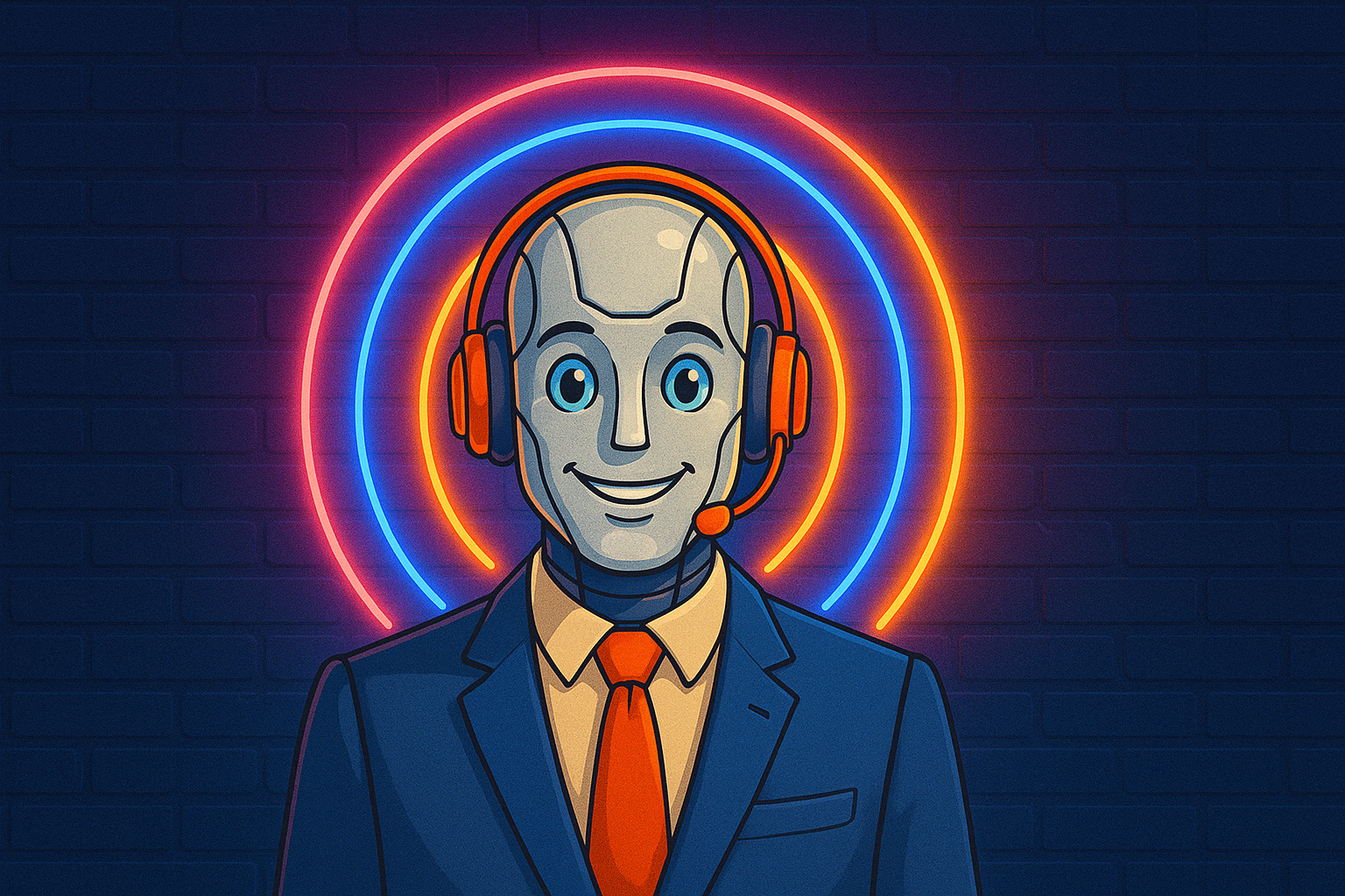 AI Agent in business suit with headset, smiling against neon rings background—visual branding for Expera Consulting.
