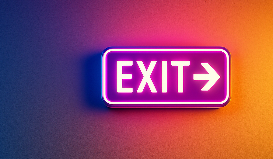 Illuminated 'EXIT' sign on a blank wall, symbolizing the decision to leave or stay and embrace new opportunities in the context of AI adoption and leadership.