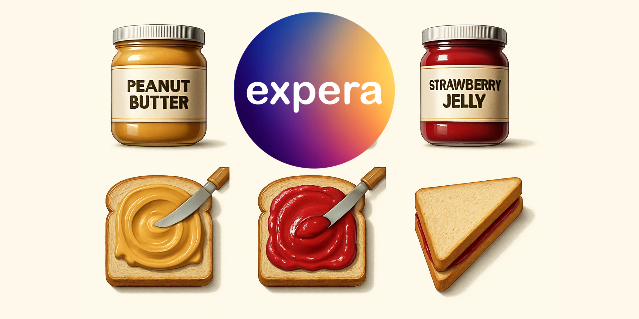 Six-panel illustrative flat lay showing steps to make a peanut butter and jelly sandwich and the Expera Consulting logo